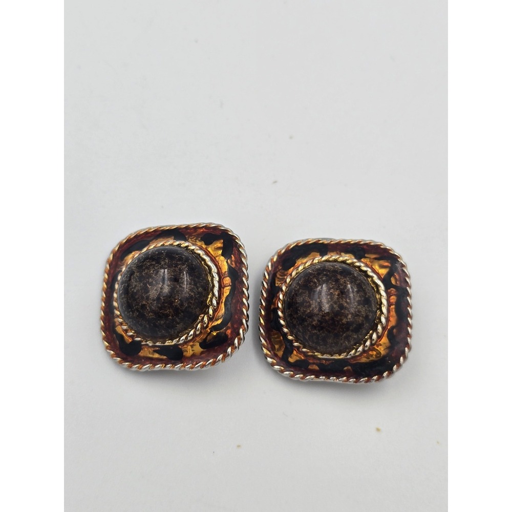 Vintage Clip-On Earrings Brown‎ Cabochon Stone Tortoise Shell Enamel Gold Tone